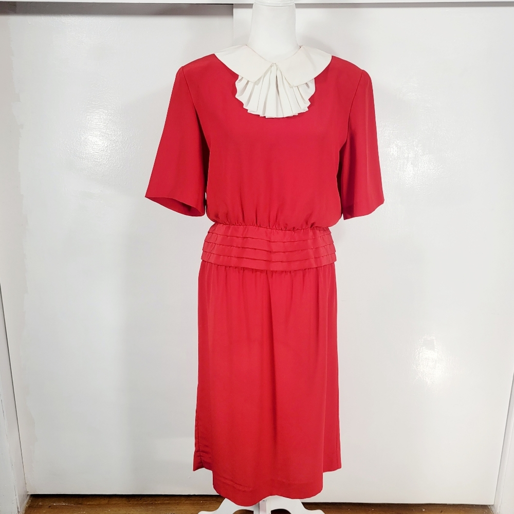 Vintage Red Blouson Maxi Dress, White Ruffle Collar, Pleated Waist, Size 12